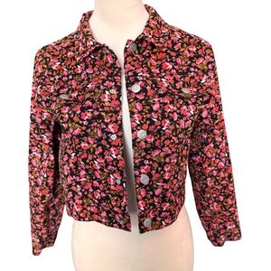 Social Standard Girl’s Cropped Denim Jacket Black Pink Floral Size XL (14/16)